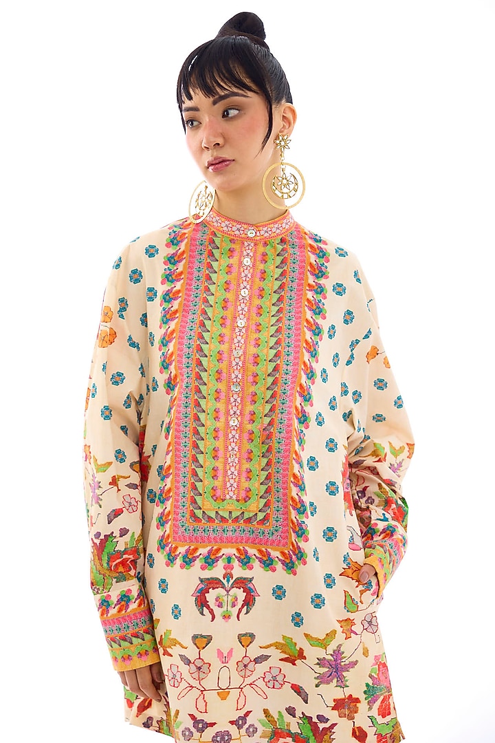 Beige Cotton Poplin Printed Tunic by Rajdeep Ranawat at Pernia's Pop Up Shop