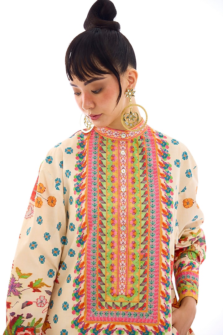 Beige Cotton Poplin Printed Tunic by Rajdeep Ranawat at Pernia's Pop Up Shop