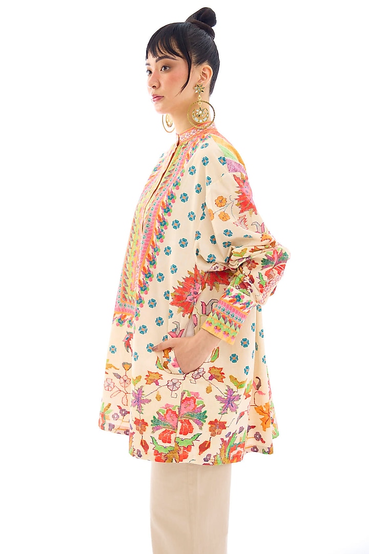 Beige Cotton Poplin Printed Tunic by Rajdeep Ranawat at Pernia's Pop Up Shop