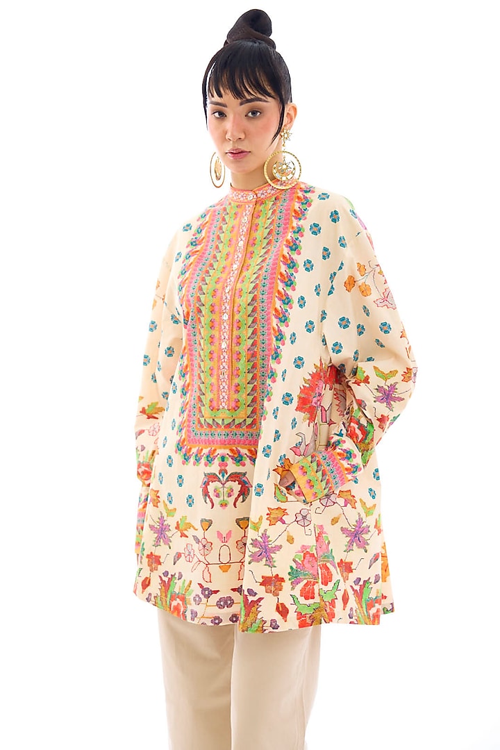 Beige Cotton Poplin Printed Tunic by Rajdeep Ranawat at Pernia's Pop Up Shop
