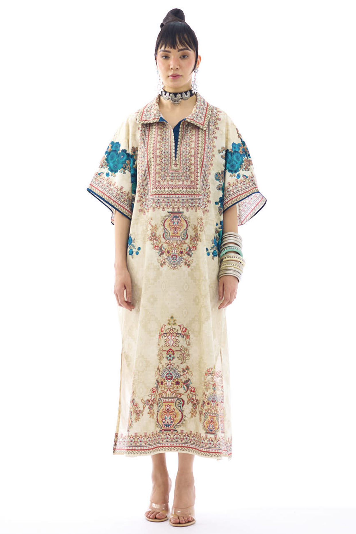 Beige & Turquoise Cotton Poplin Printed Kaftan by Rajdeep Ranawat at Pernia's Pop Up Shop