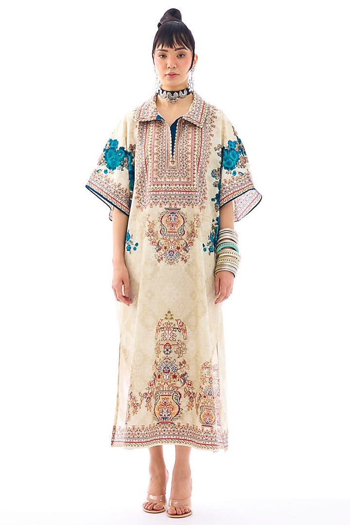 Beige & Turquoise Cotton Poplin Printed Kaftan by Rajdeep Ranawat at Pernia's Pop Up Shop