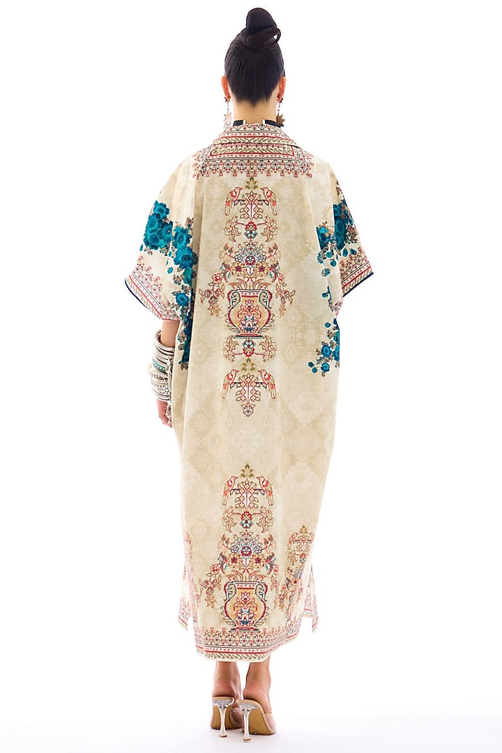 Beige & Turquoise Cotton Poplin Printed Kaftan by Rajdeep Ranawat at Pernia's Pop Up Shop