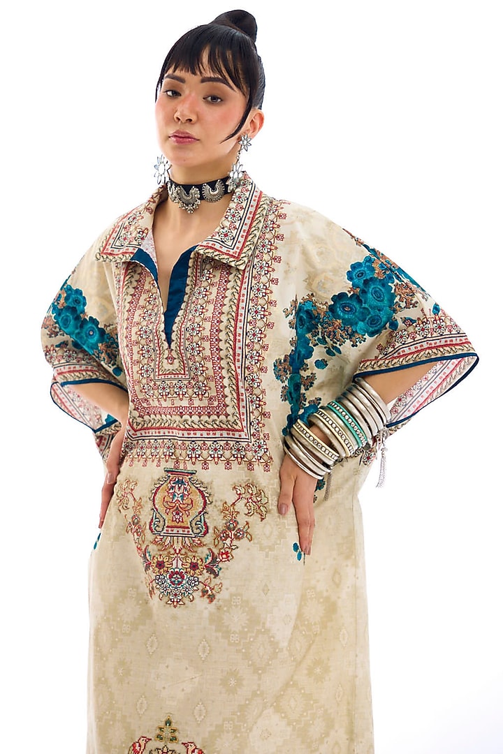 Beige & Turquoise Cotton Poplin Printed Kaftan by Rajdeep Ranawat at Pernia's Pop Up Shop