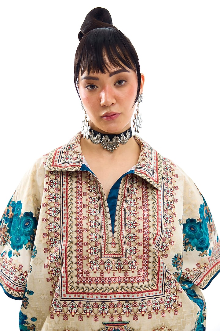 Beige & Turquoise Cotton Poplin Printed Kaftan by Rajdeep Ranawat at Pernia's Pop Up Shop