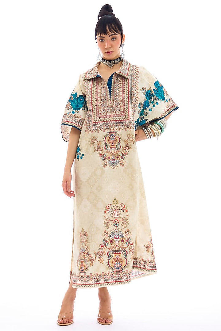 Beige & Turquoise Cotton Poplin Printed Kaftan by Rajdeep Ranawat at Pernia's Pop Up Shop