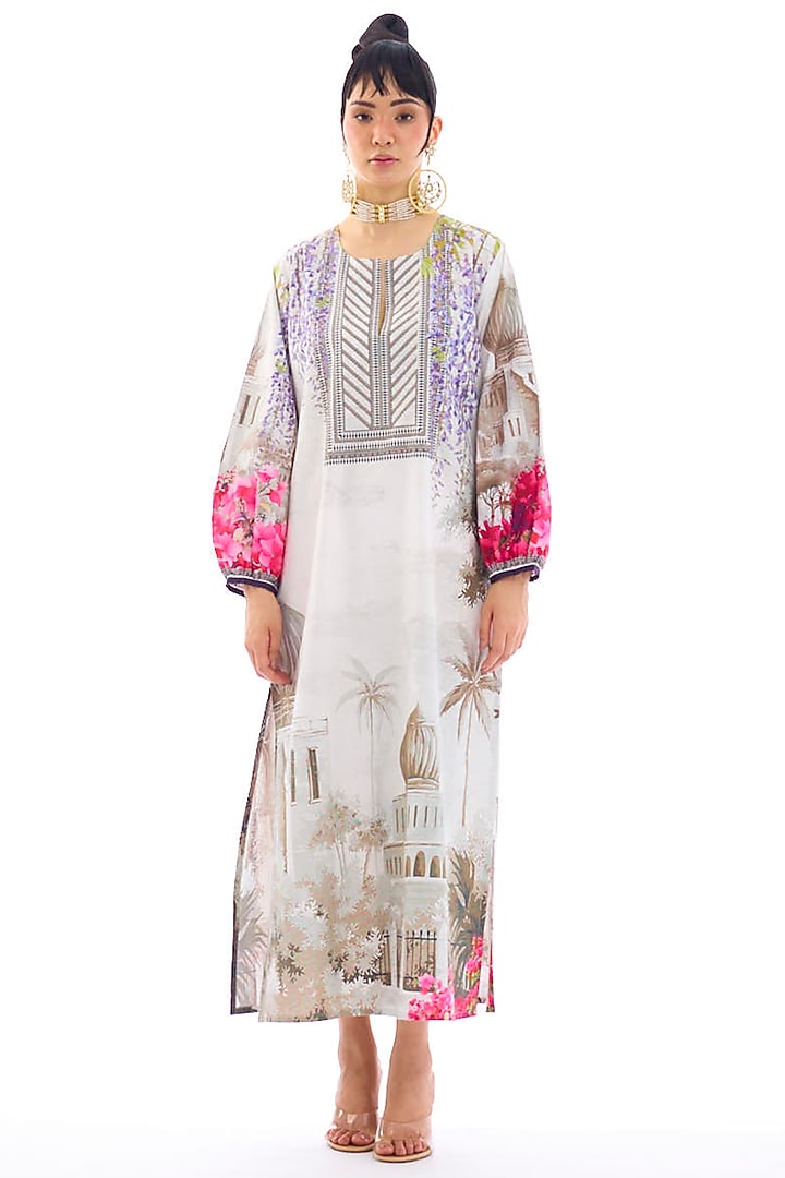 Ivory Cotton Poplin Printed Kaftan Dress by Rajdeep Ranawat at Pernia's Pop Up Shop
