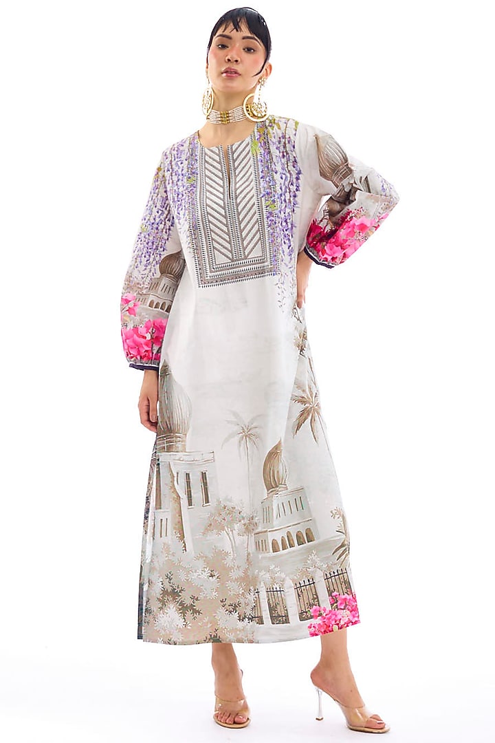 Ivory Cotton Poplin Printed Kaftan Dress by Rajdeep Ranawat at Pernia's Pop Up Shop