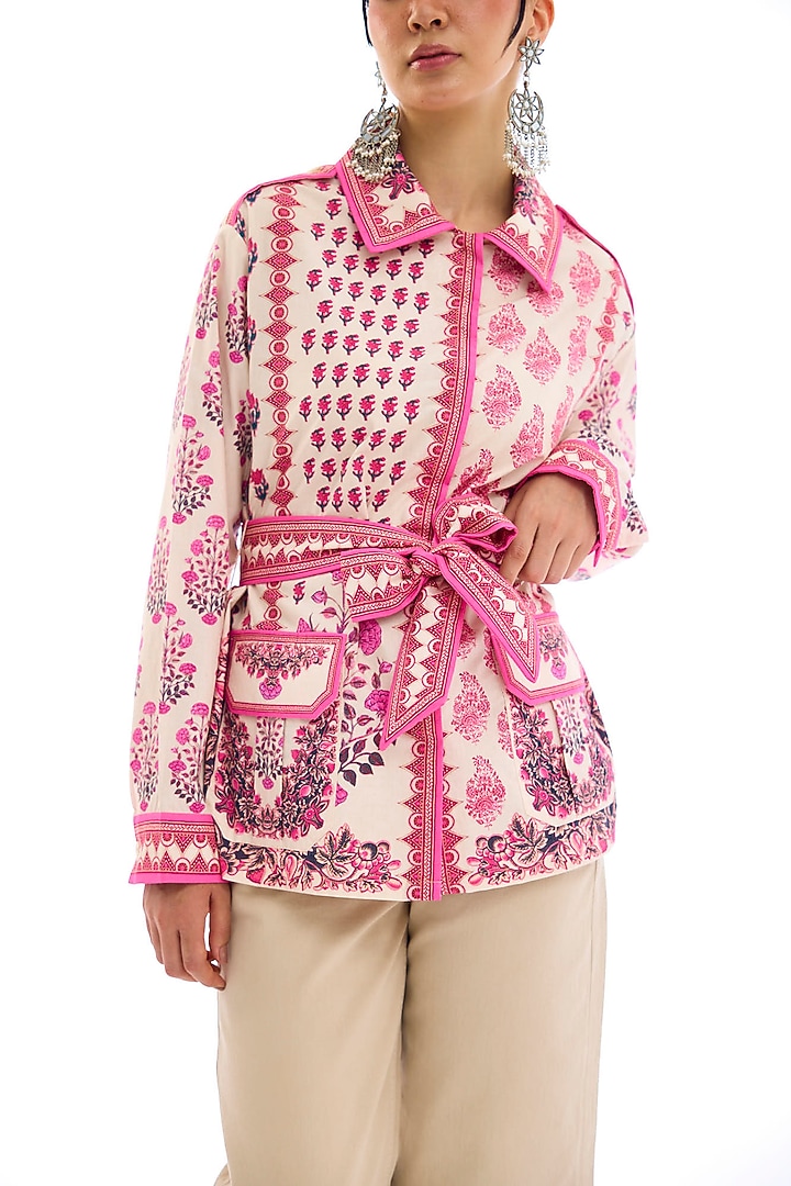 Ivory & Pink Cotton Poplin Printed Shirt by Rajdeep Ranawat at Pernia's Pop Up Shop