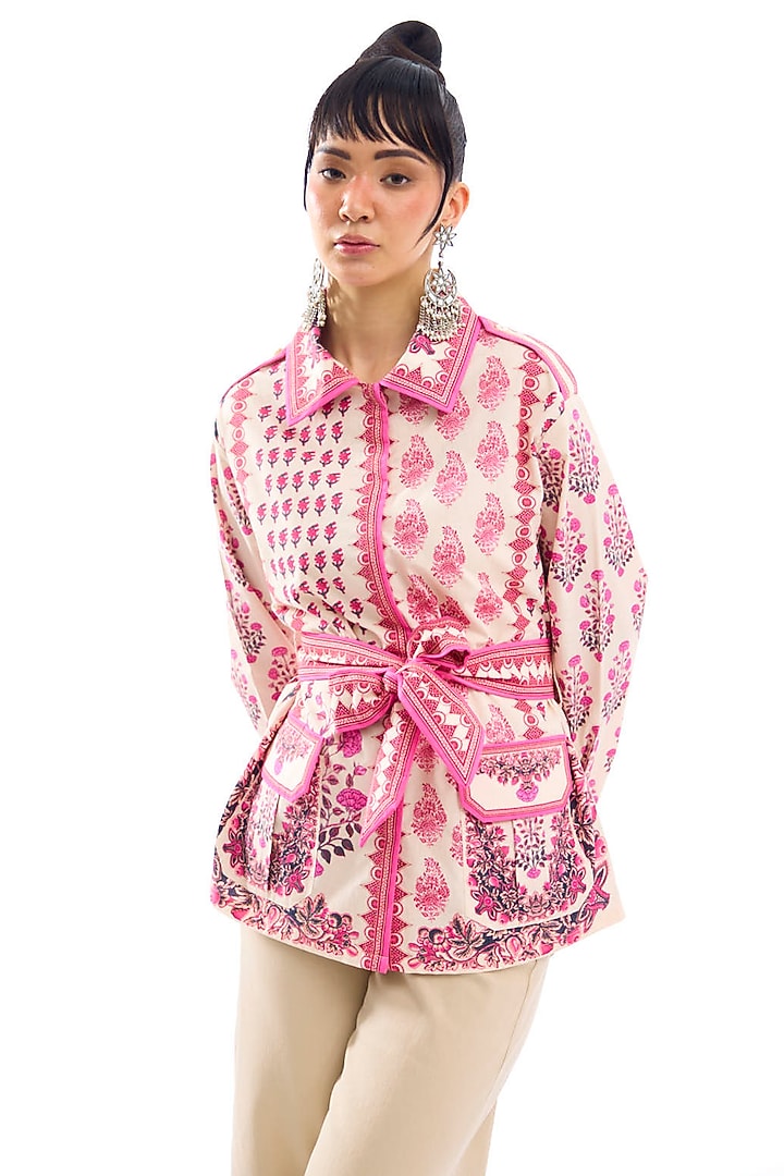 Ivory & Pink Cotton Poplin Printed Shirt by Rajdeep Ranawat at Pernia's Pop Up Shop