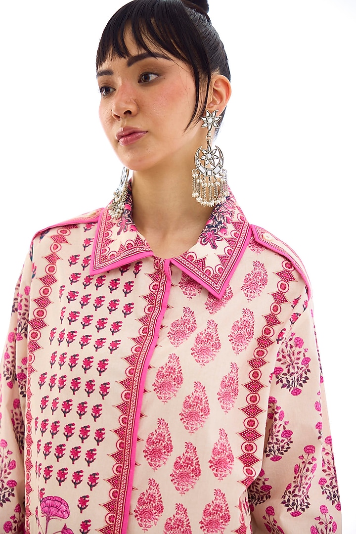 Ivory & Pink Cotton Poplin Printed Shirt by Rajdeep Ranawat at Pernia's Pop Up Shop