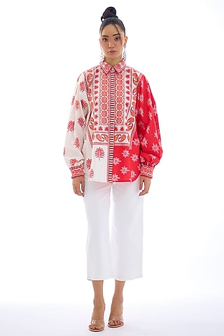 Red & White Cotton Poplin Printed Shirt by Rajdeep Ranawat