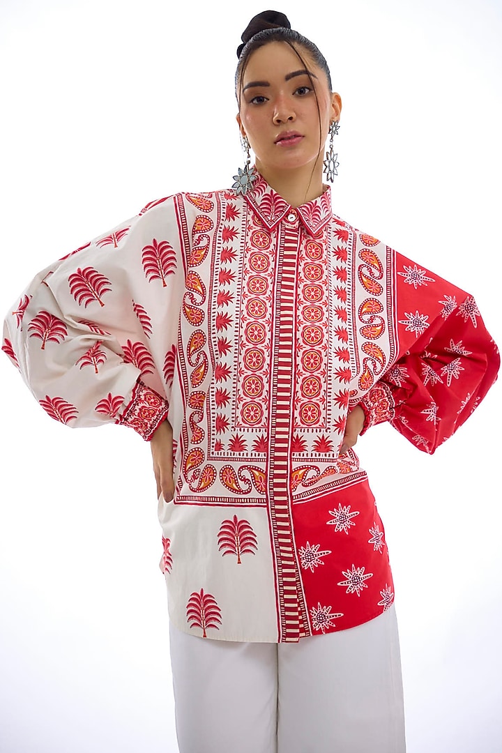 Red & White Cotton Poplin Printed Shirt by Rajdeep Ranawat at Pernia's Pop Up Shop
