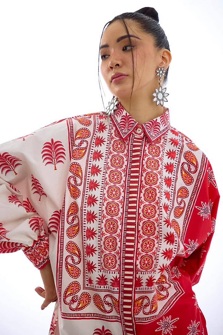 Red & White Cotton Poplin Printed Shirt by Rajdeep Ranawat at Pernia's Pop Up Shop