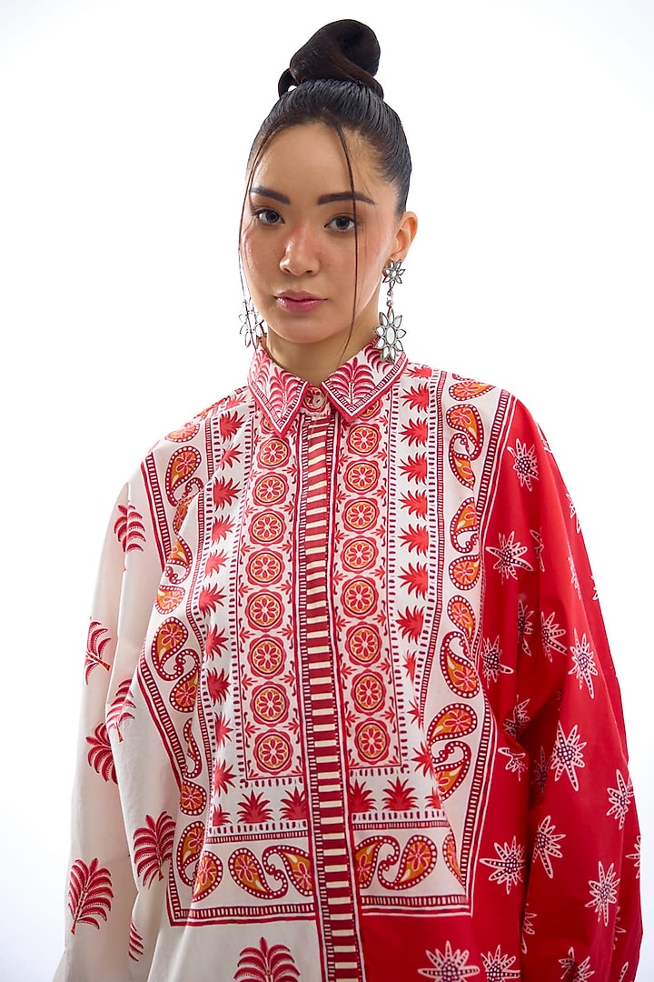 Red & White Cotton Poplin Printed Shirt by Rajdeep Ranawat at Pernia's Pop Up Shop