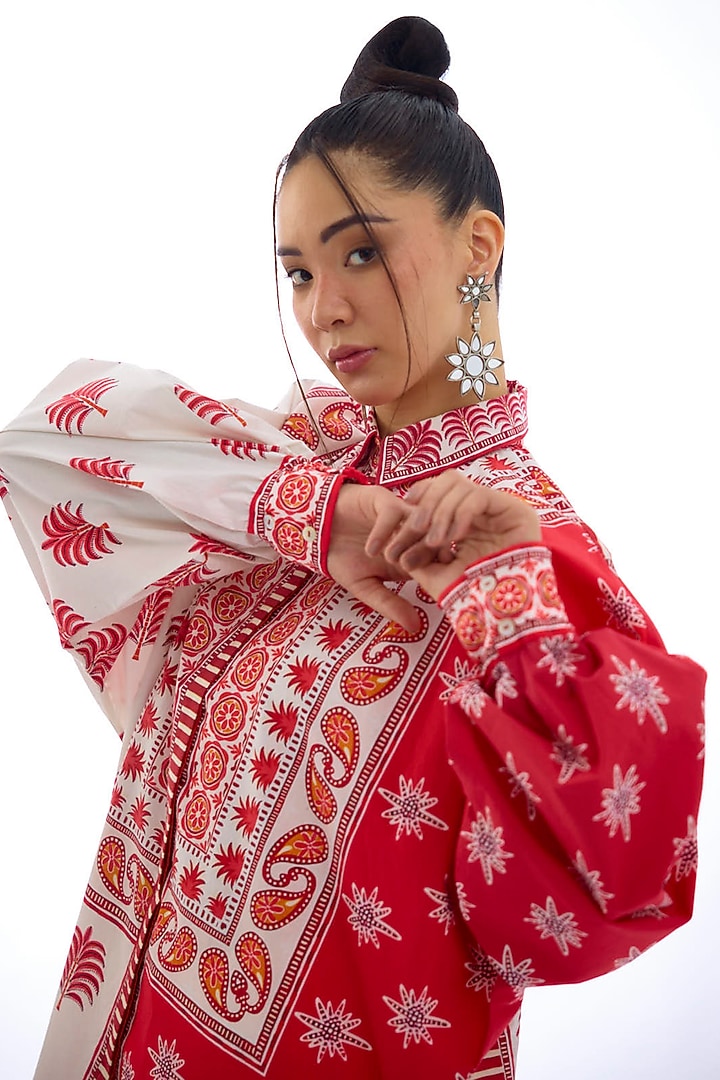 Red & White Cotton Poplin Printed Shirt by Rajdeep Ranawat at Pernia's Pop Up Shop