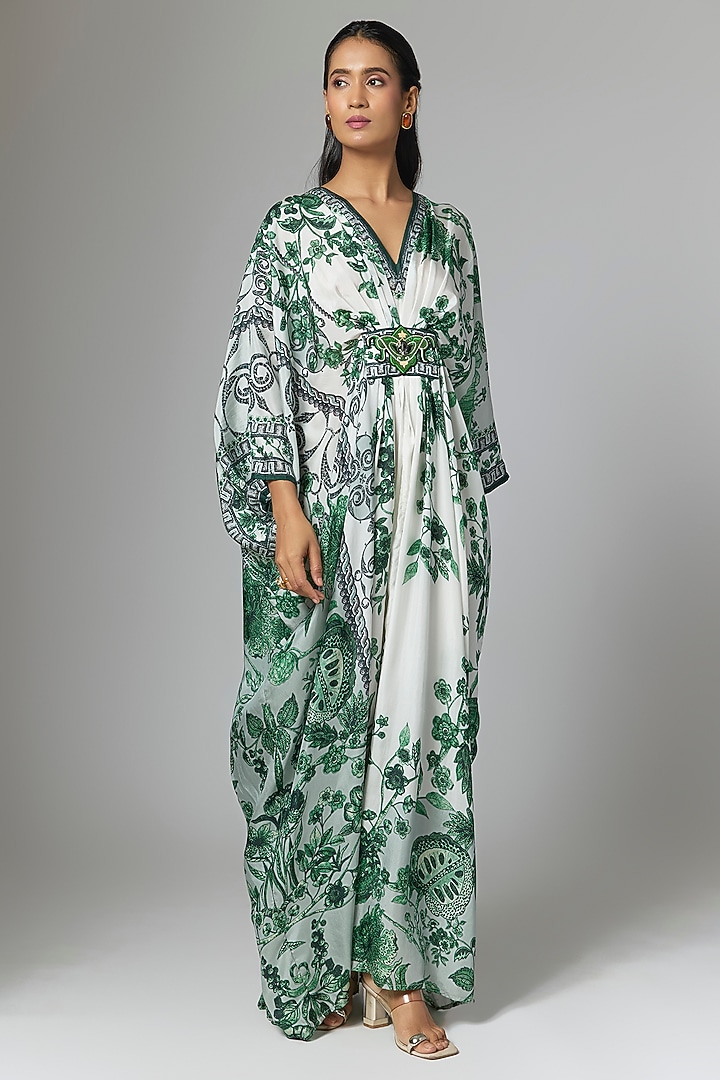 Emerald Silk Printed & Embroidered Kaftan by Rajdeep Ranawat at Pernia's Pop Up Shop