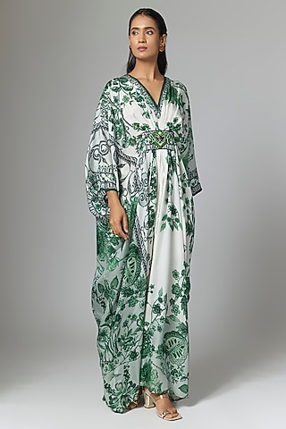 Emerald Silk Printed & Embroidered Kaftan by Rajdeep Ranawat
