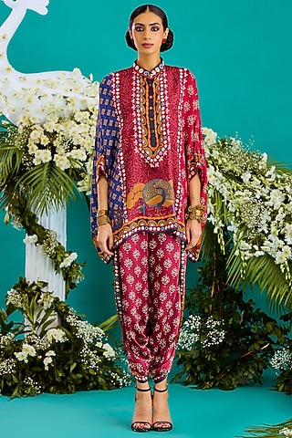 Navy & Maroon Modal Satin Printed Dhoti Pants by Rajdeep Ranawat