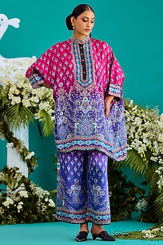 Fuchsia & Purple Modal Satin Printed Pants by Rajdeep Ranawat