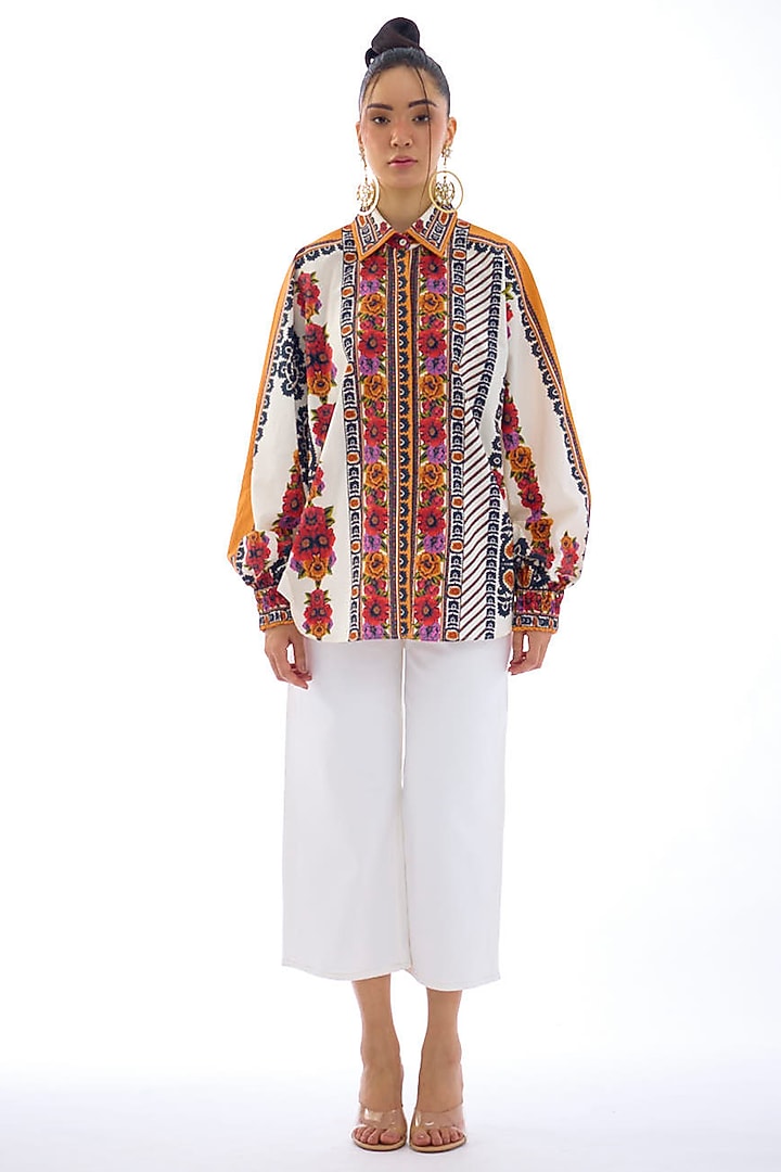 White & Orange Cotton Poplin Printed Shirt by Rajdeep Ranawat at Pernia's Pop Up Shop