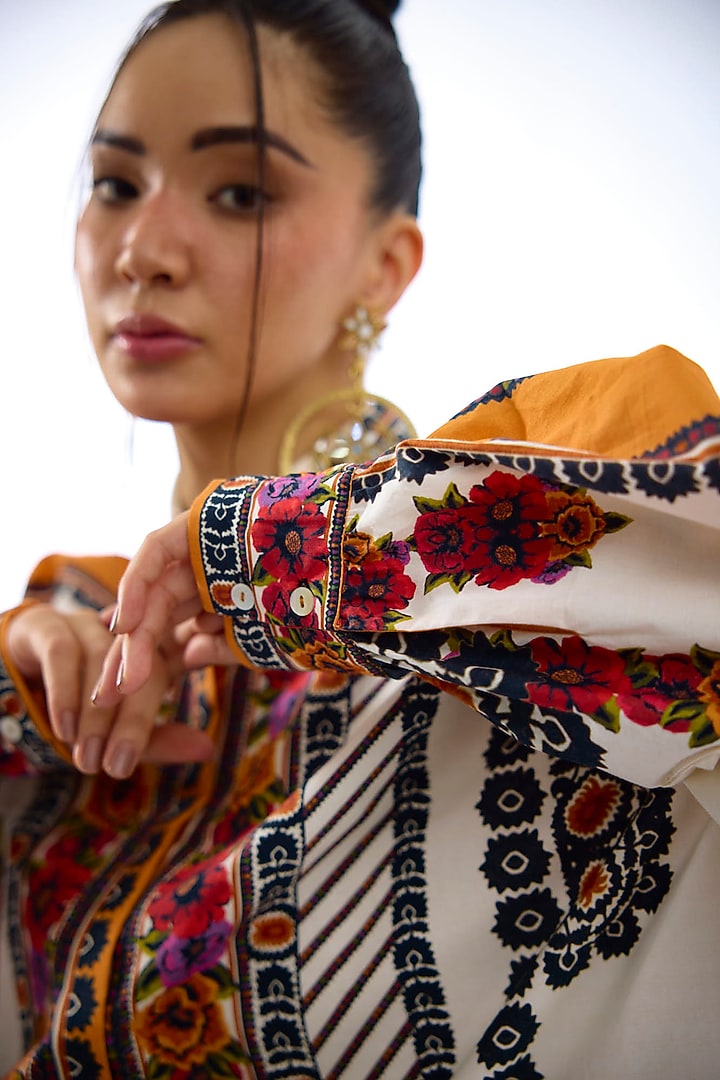 White & Orange Cotton Poplin Printed Shirt by Rajdeep Ranawat at Pernia's Pop Up Shop