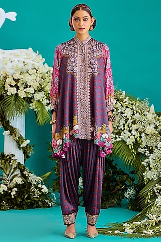 Fuchsia & Burgundy Modal Satin Printed Salwar Pants by Rajdeep Ranawat