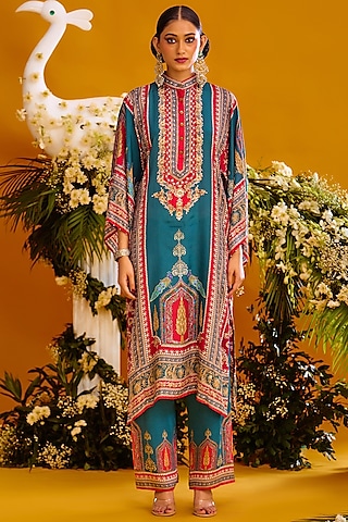 Red & Turquoise Silk Tunic by Rajdeep Ranawat