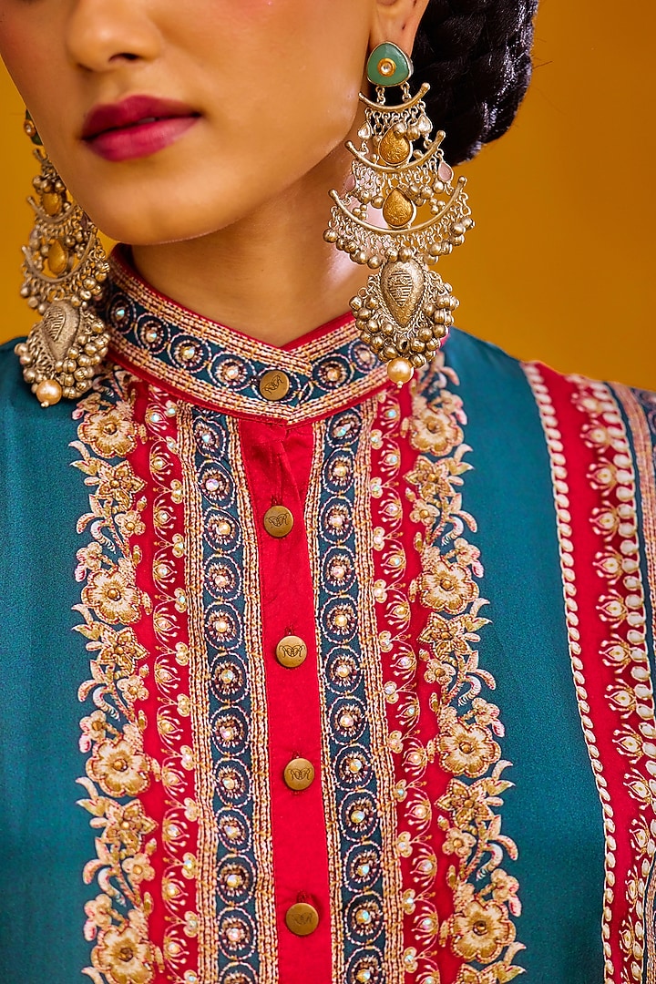 Red & Turquoise Silk Tunic by Rajdeep Ranawat at Pernia's Pop Up Shop