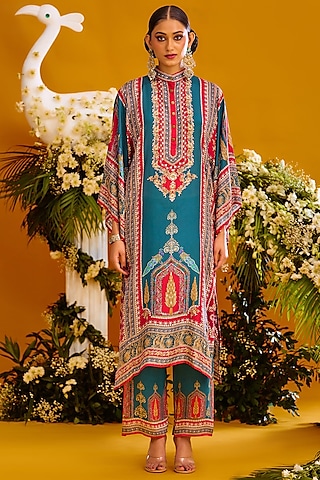 Red & Turquoise Modal Satin Printed Pants by Rajdeep Ranawat