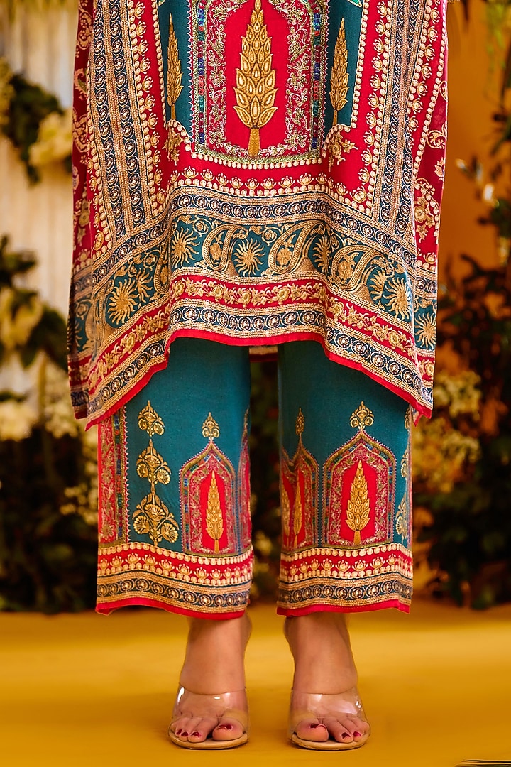 Red & Turquoise Modal Satin Printed Pants by Rajdeep Ranawat at Pernia's Pop Up Shop