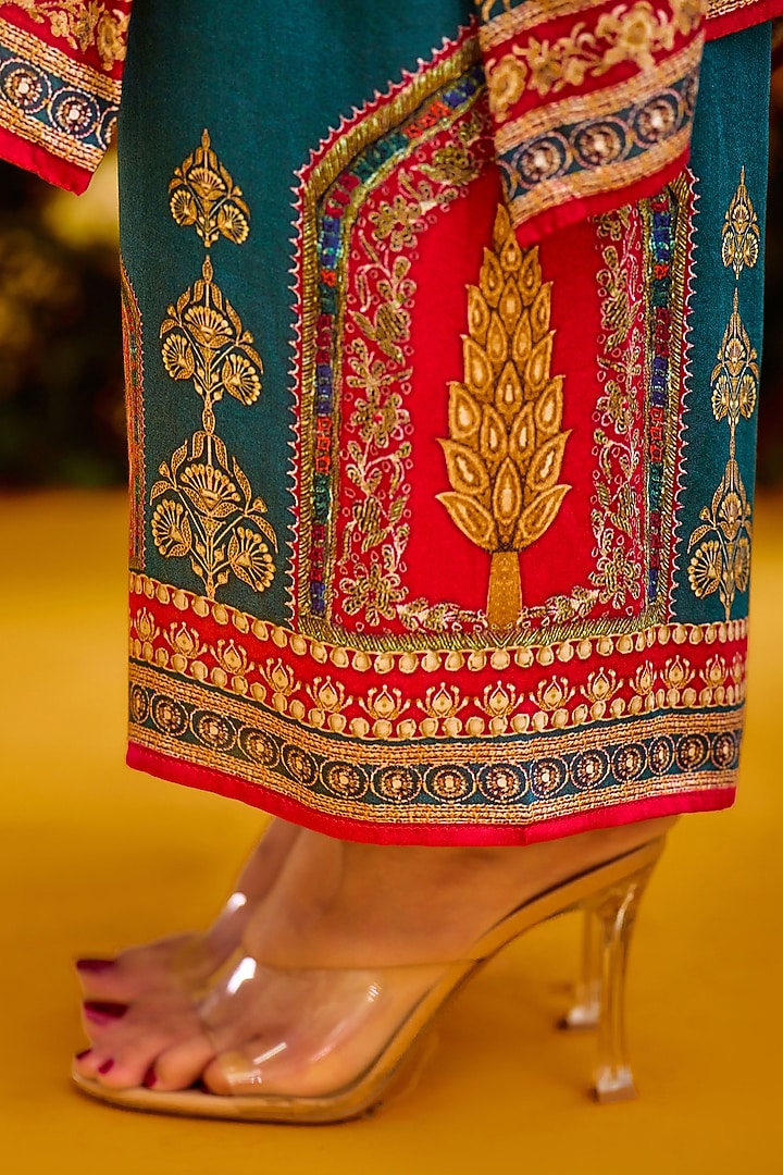 Red & Turquoise Modal Satin Printed Pants by Rajdeep Ranawat at Pernia's Pop Up Shop