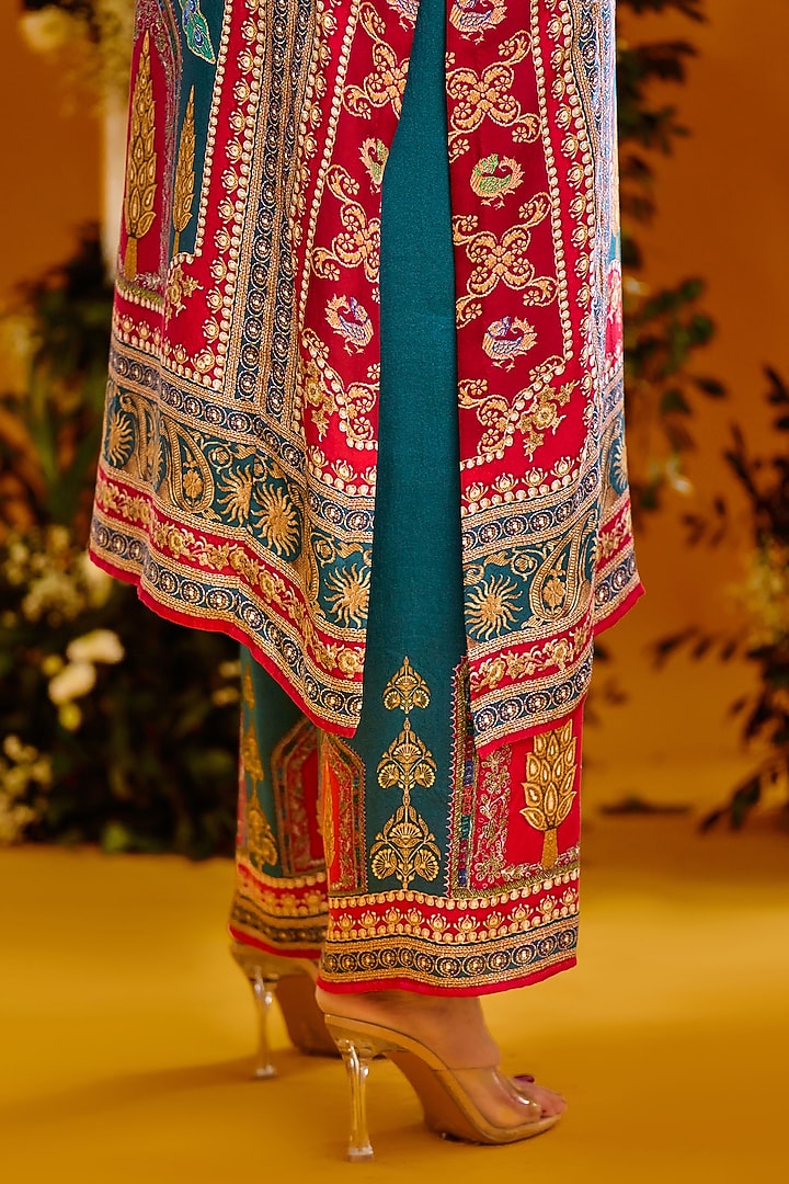 Red & Turquoise Modal Satin Printed Pants by Rajdeep Ranawat at Pernia's Pop Up Shop