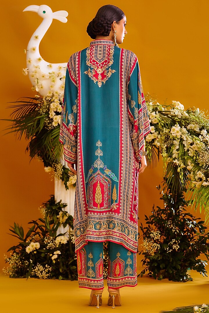 Red & Turquoise Modal Satin Printed Pants by Rajdeep Ranawat at Pernia's Pop Up Shop