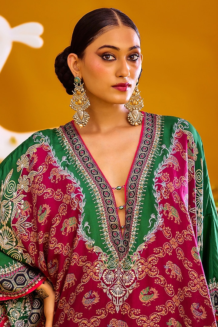 Magenta Silk Blocked Kaftan by Rajdeep Ranawat at Pernia's Pop Up Shop