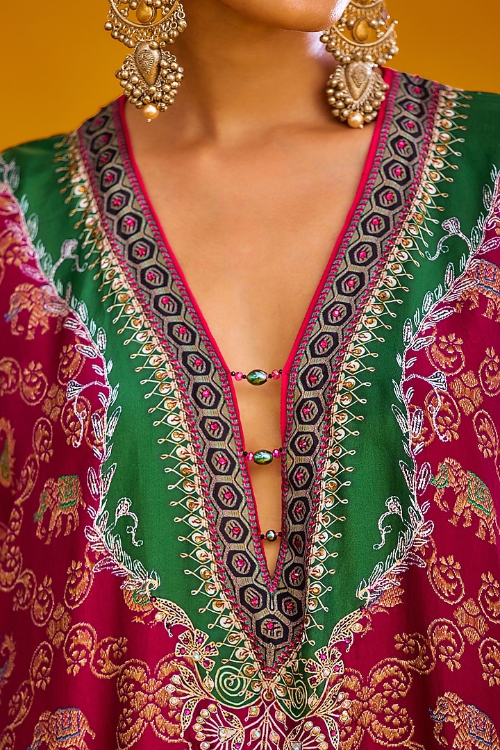 Magenta Silk Blocked Kaftan by Rajdeep Ranawat at Pernia's Pop Up Shop