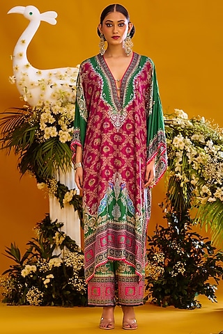 Magenta Modal Satin Printed Pants by Rajdeep Ranawat