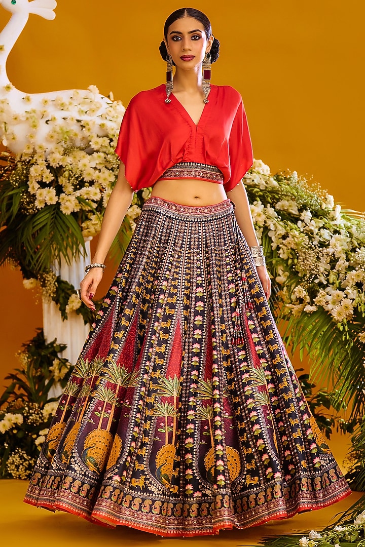 Multi-Colored Dupion & Modal Satin Printed Skirt Set by Rajdeep Ranawat at Pernia's Pop Up Shop