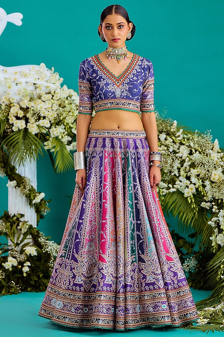 Multi-Colored Dupion Printed Wedding Lehenga Set by Rajdeep Ranawat at Pernia's Pop Up Shop