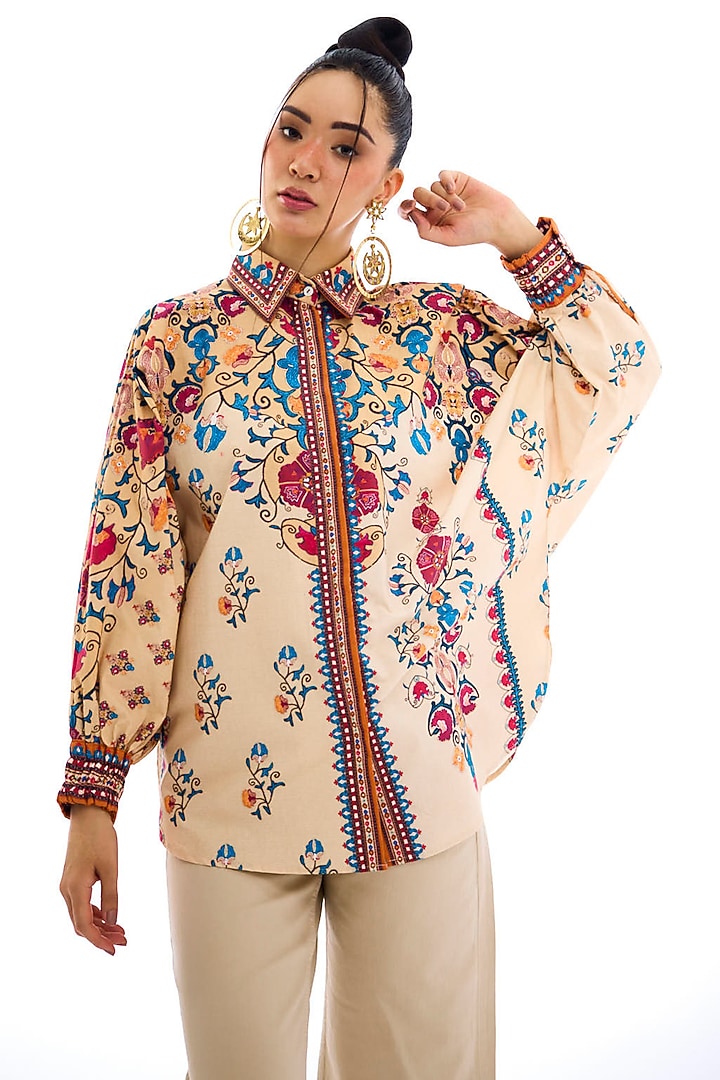 Taupe Cotton Poplin Printed Shirt by Rajdeep Ranawat at Pernia's Pop Up Shop