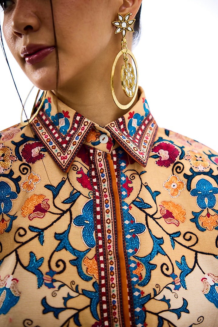 Taupe Cotton Poplin Printed Shirt by Rajdeep Ranawat at Pernia's Pop Up Shop