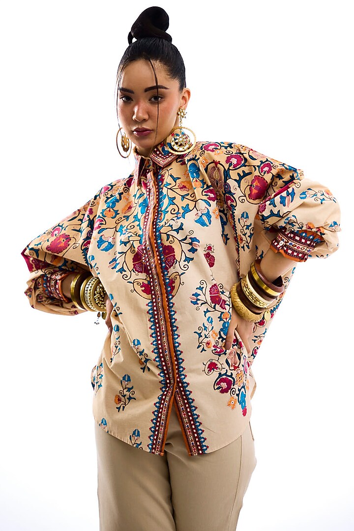 Taupe Cotton Poplin Printed Shirt by Rajdeep Ranawat at Pernia's Pop Up Shop