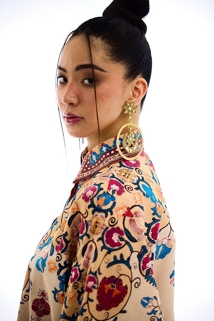 Taupe Cotton Poplin Printed Shirt by Rajdeep Ranawat at Pernia's Pop Up Shop