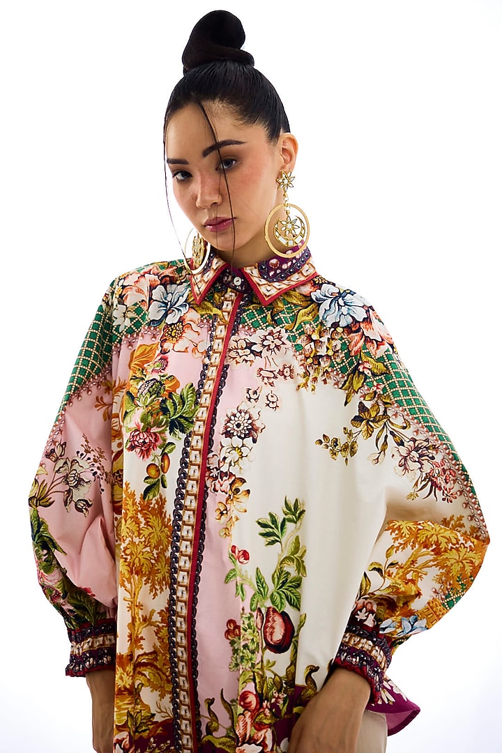 Ivory & Blush Pink Cotton Poplin Printed Shirt by Rajdeep Ranawat at Pernia's Pop Up Shop