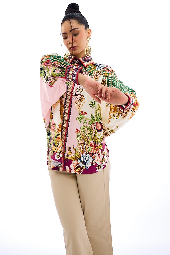Ivory & Blush Pink Cotton Poplin Printed Shirt by Rajdeep Ranawat at Pernia's Pop Up Shop