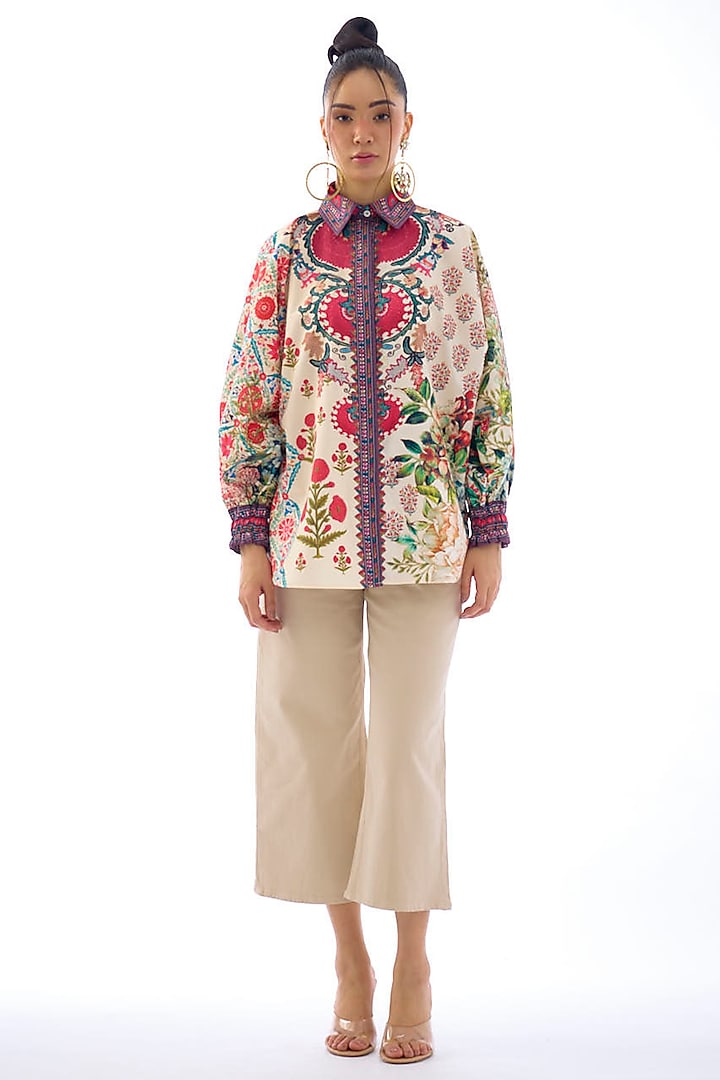 Ivory & Maroon Cotton Poplin Printed Shirt by Rajdeep Ranawat at Pernia's Pop Up Shop