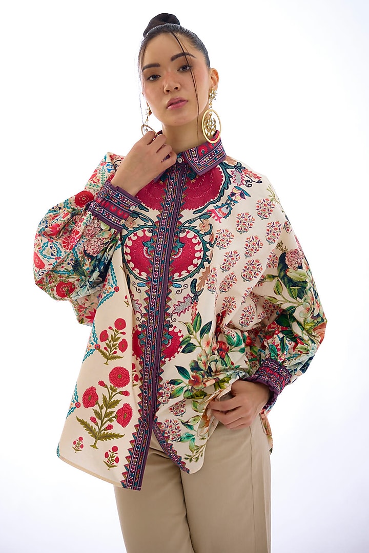 Ivory & Maroon Cotton Poplin Printed Shirt by Rajdeep Ranawat at Pernia's Pop Up Shop
