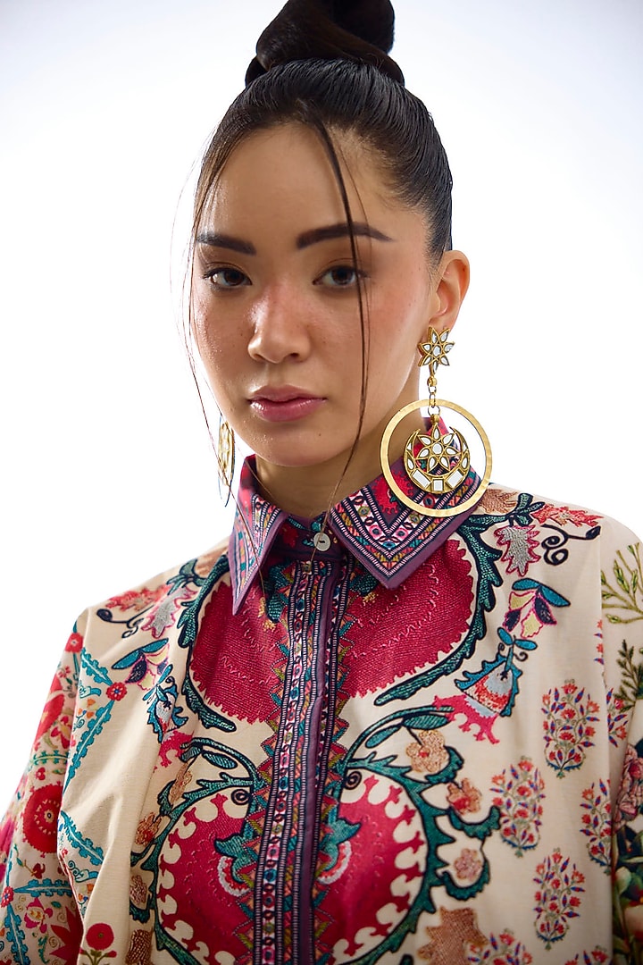 Ivory & Maroon Cotton Poplin Printed Shirt by Rajdeep Ranawat at Pernia's Pop Up Shop