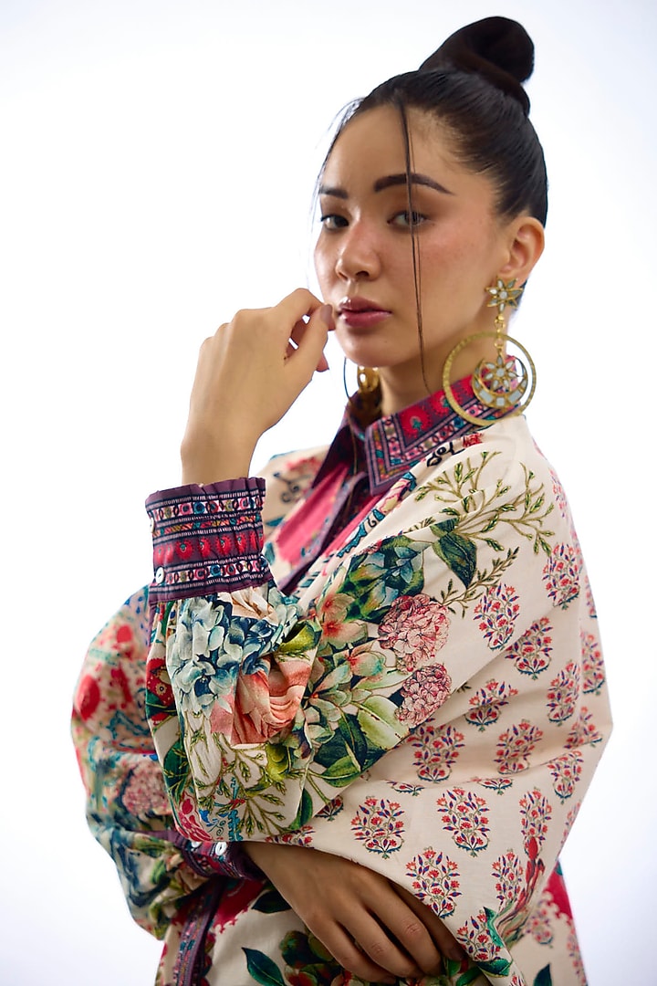 Ivory & Maroon Cotton Poplin Printed Shirt by Rajdeep Ranawat at Pernia's Pop Up Shop