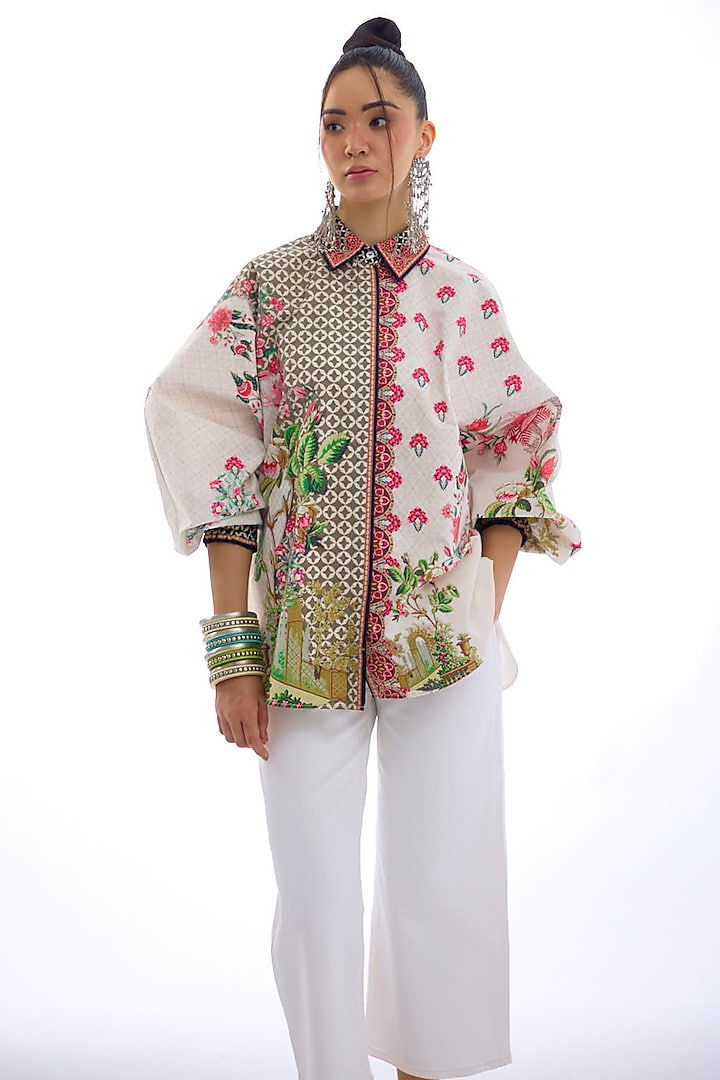 Ivory & Coral Cotton Poplin Printed Shirt by Rajdeep Ranawat at Pernia's Pop Up Shop